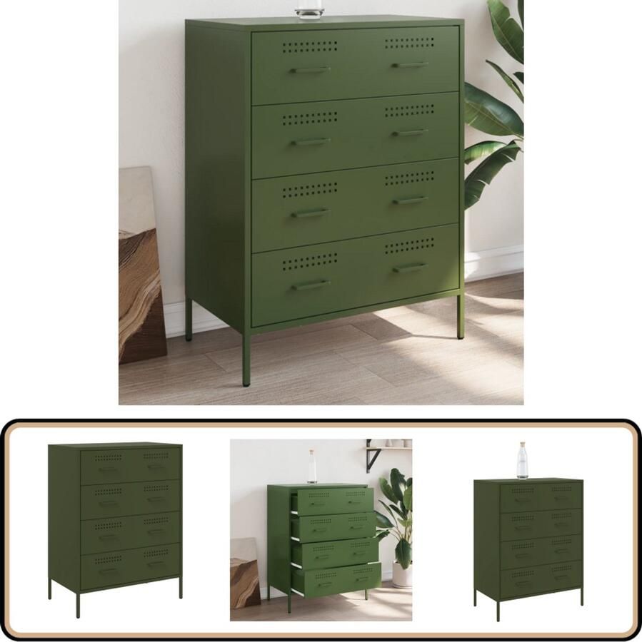 The Living Store Dressoir 68x39x89 cm staal olijfgroen Industrieel Dressoir Metalen Dressoir Olijfgroene Dressoir Met Lades Opbergdressoir - Foto 2