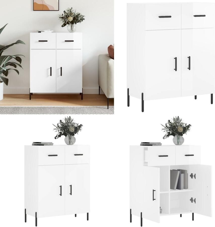 VidaXL Dressoir 69-5x34x90 cm bewerkt hout hoogglans wit Dressoir Dressoirs Kast Wandkast - Foto 9