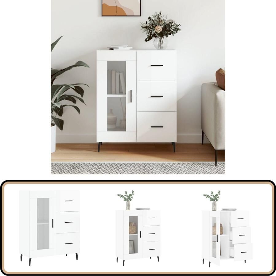VidaXL Dressoir Hoogglans Wit 69 5x34x90 cm Dressoir Commode Opbergkast Woonkamerinrichting Keukenmeubilair - Foto 2