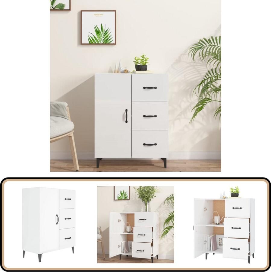 VidaXL Dressoir Hoogglans Wit 69 5x34x90 cm Dressoir Buffetkast Houten Kast Hoogglans Wit Vintage Design
