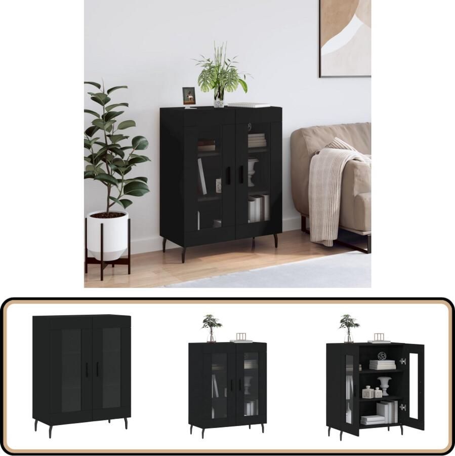 VidaXL Dressoir 69 5x34x90 cm Zwart Bewerkt Hout Klassieke Dressoir Houten Dressoir Zwarte Dressoir Met Glas Opbergdressoir