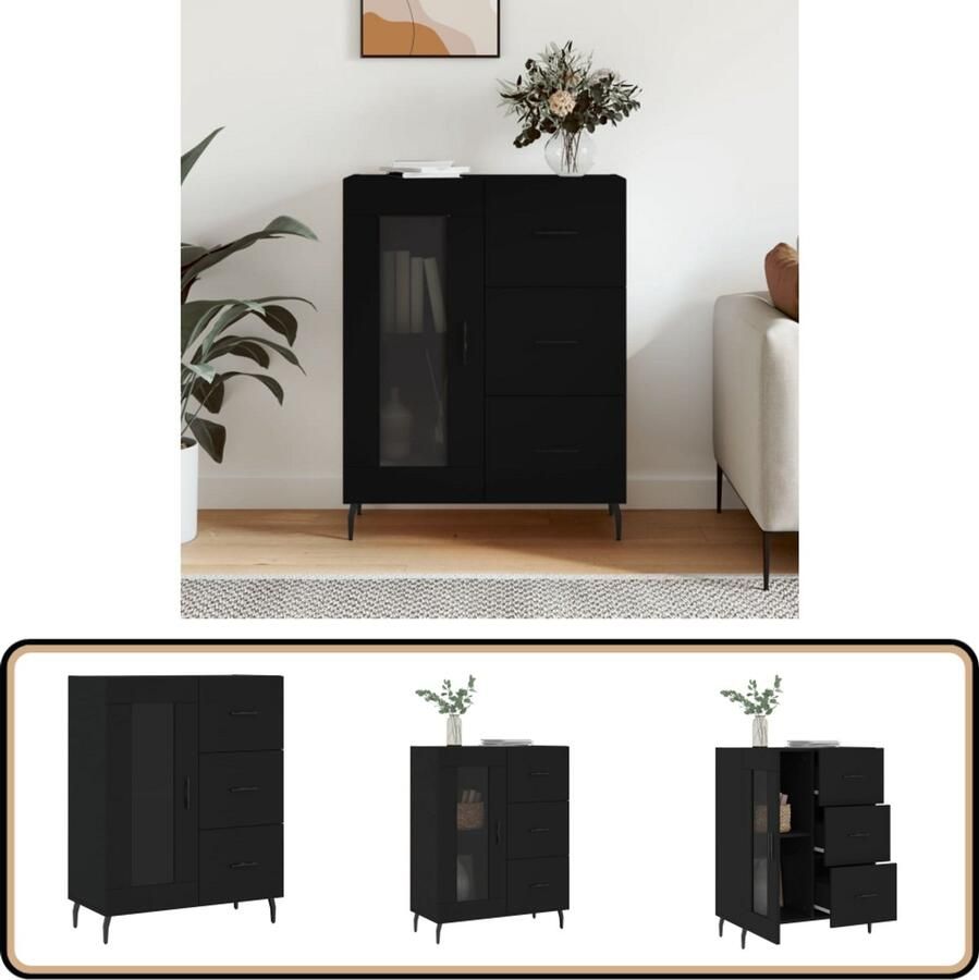 VidaXL Dressoir 69 5x34x90 cm Zwart Bewerkt Hout Dressoir Zwarte Dressoirs Houten Dressoir Vintage Dressoir Klassiek Dressoir - Foto 2