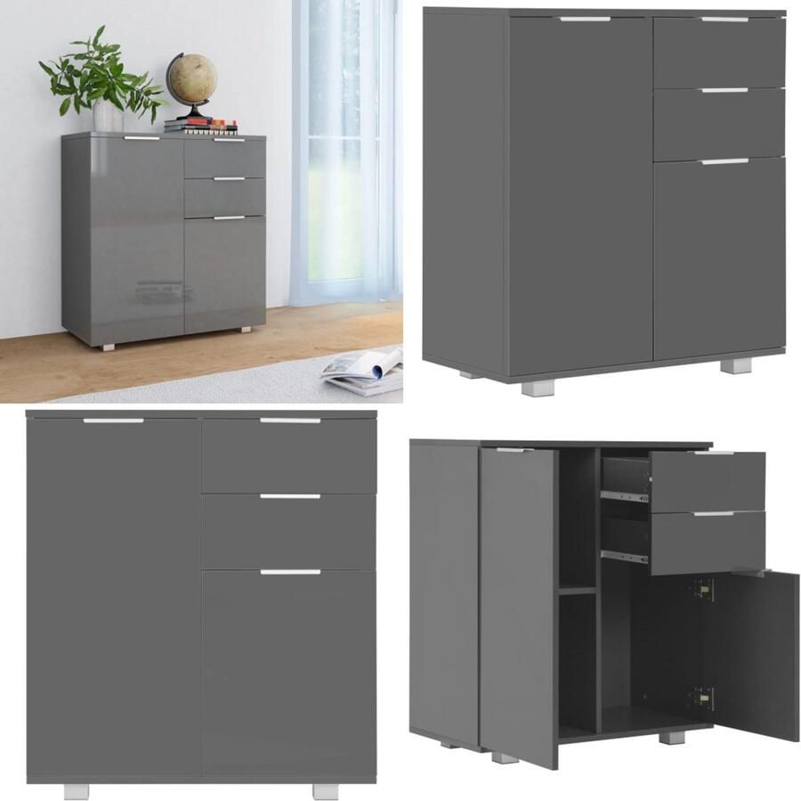 VidaXL Dressoir 71x35x80 cm spaanplaat hoogglans grijs Dressoir Dressoirs Zijkast Zijkasten