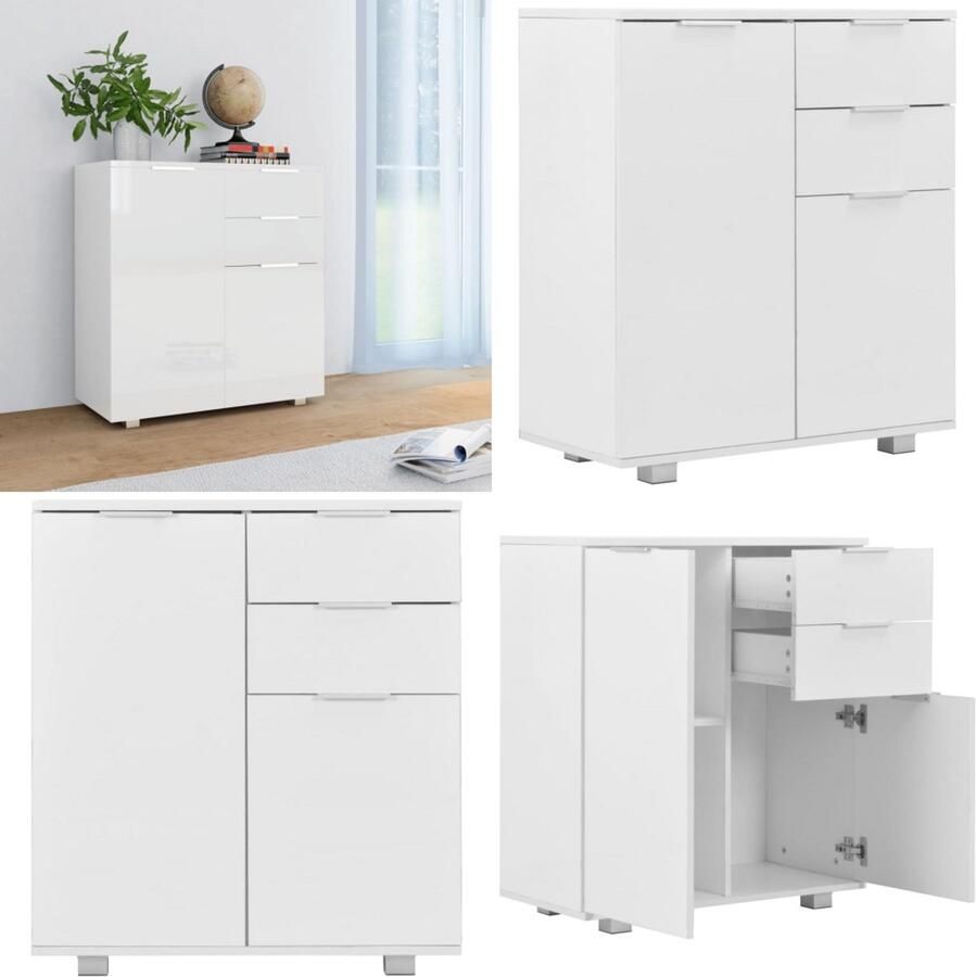 VidaXL Dressoir 71x35x80 cm spaanplaat hoogglans wit Dressoir Dressoirs Zijkast Zijkasten