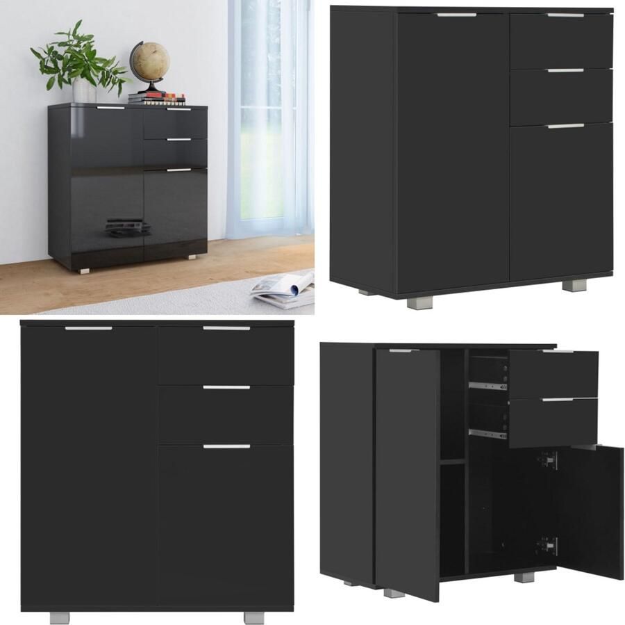 The Living Store Dressoir 71x35x80 cm spaanplaat hoogglans zwart Dressoir Kast Opbergkast Salontafel Livingroom Furniture