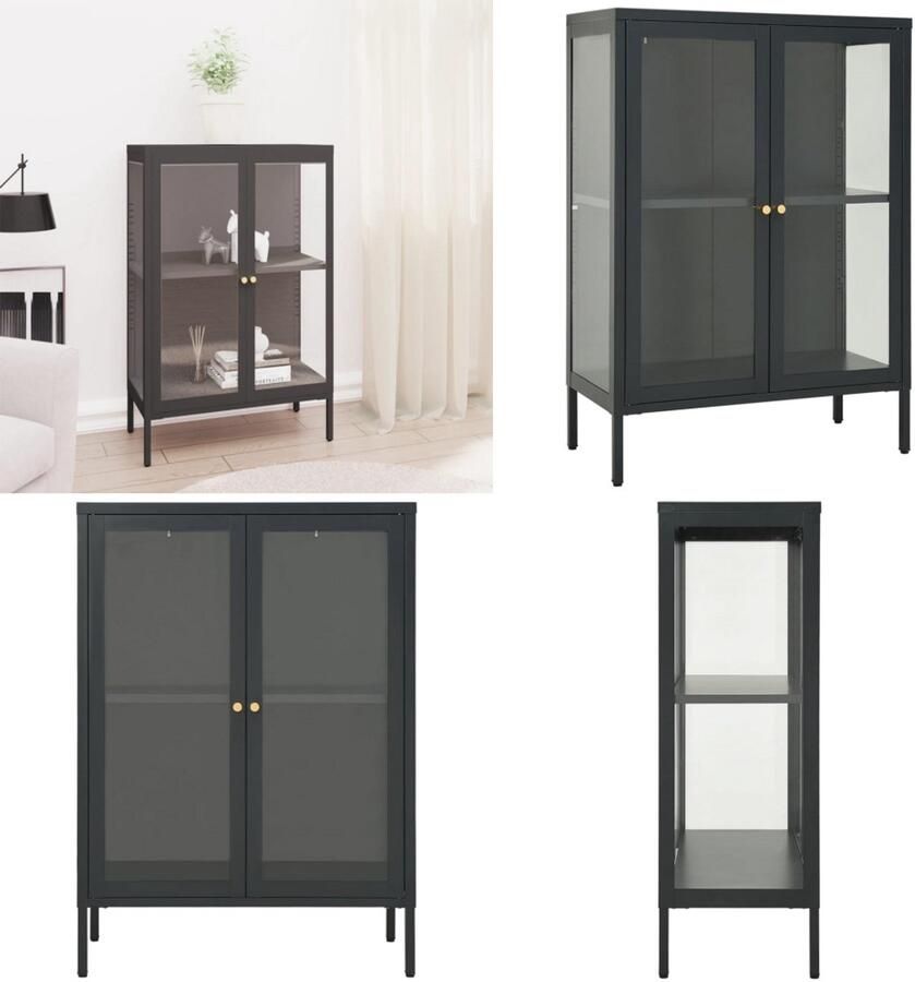 VidaXL Dressoir 75x35x105 cm staal en glas antracietkleurig Dressoir Dressoirs Kast Kasten