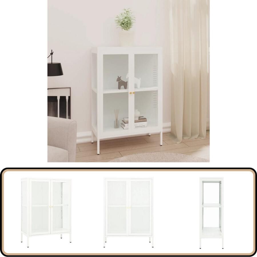 VidaXL Dressoir Staal en Glas 75x35x105 cm Wit Dressoir Staaldresser Vitrines Opbergkasten Salontafel
