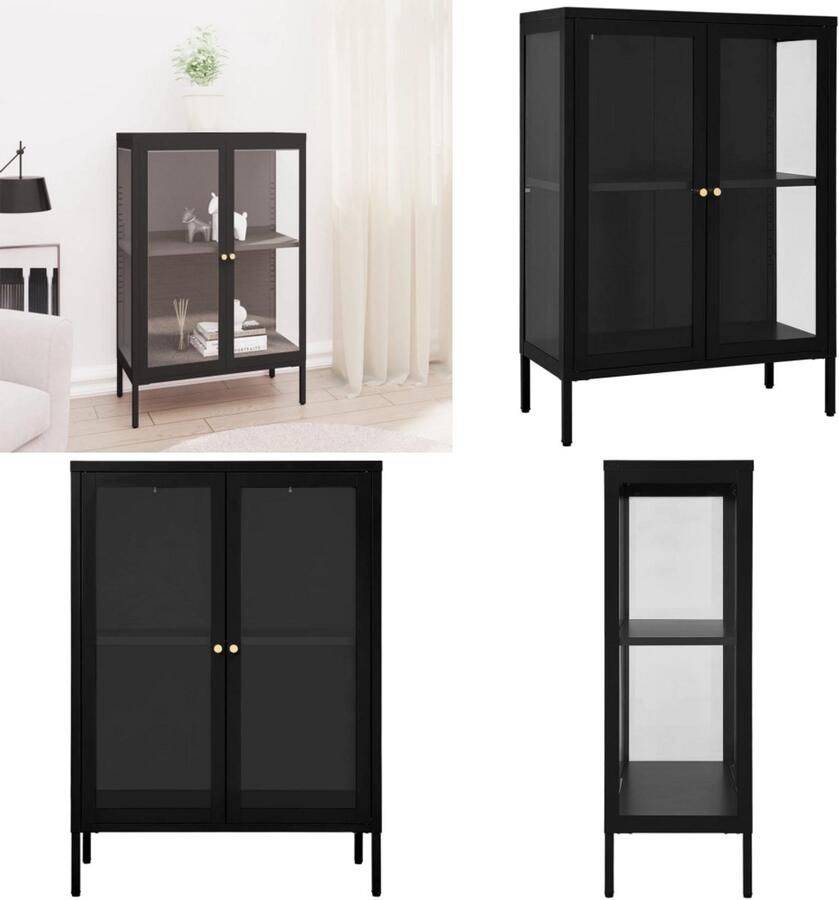 VidaXL Dressoir 75x35x105 cm staal en glas zwart Dressoir Dressoirs Kast Kasten