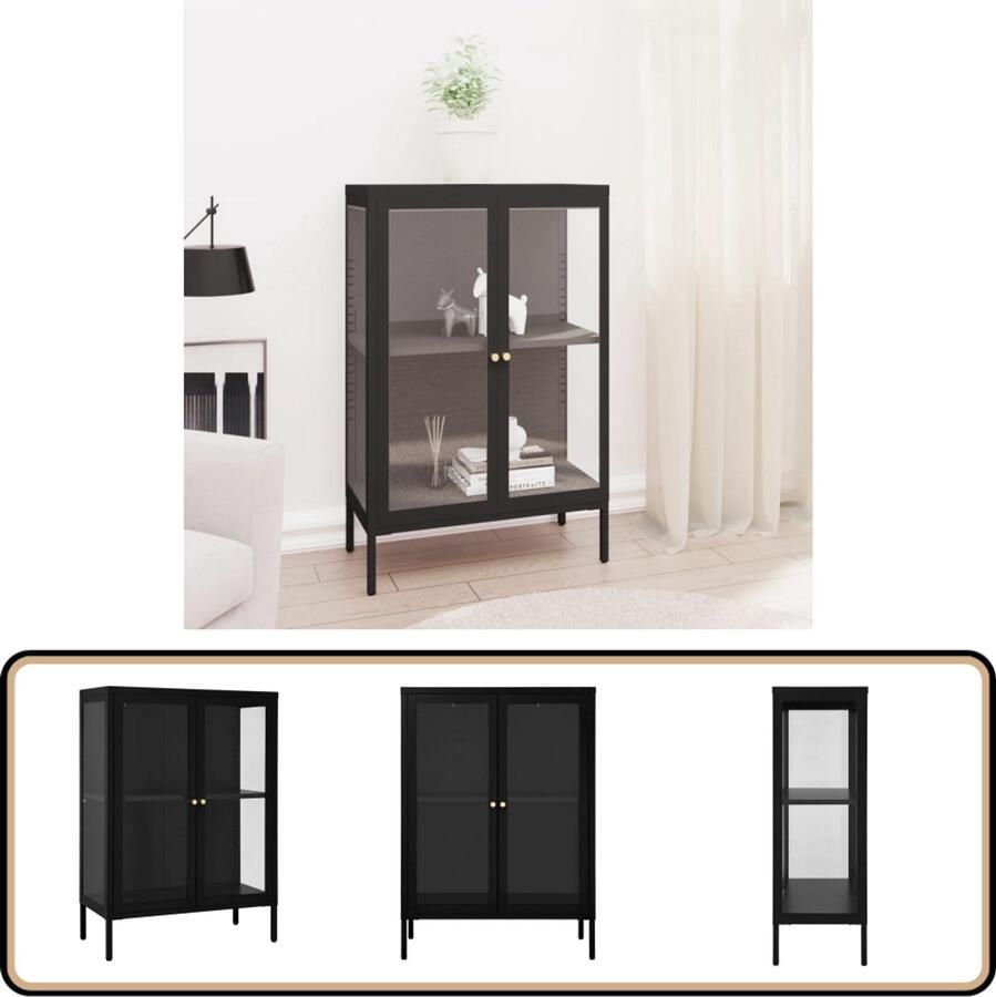 VidaXL Dressoir 75x35x105 cm staal en glas zwart Dressoir Zwarte Metalen Dressoir Vintage Dressoir Industriële Dressoir Salontafel