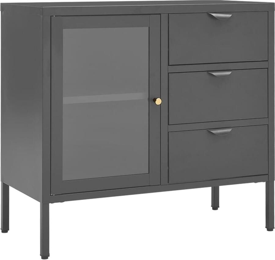 VidaXL Dressoir Staal & Glas Antraciet 75x35x70 cm Dressoir Tv-meubel Opbergkast Staal Dressoir Glazen Dressoir