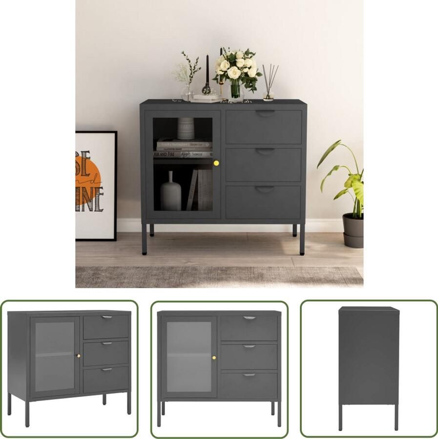 VidaXL -Dressoir-75x35x70-cm-staal-en-gehard-glas-antracietkleurig - Foto 3