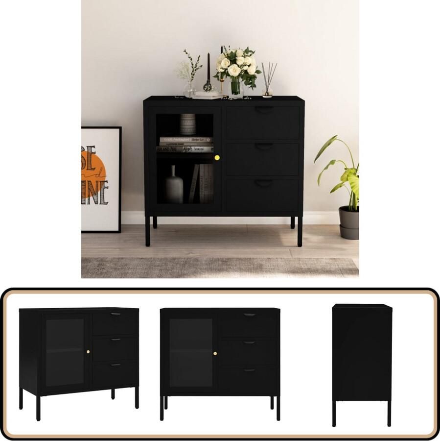 VidaXL Dressoir Staal & Glas Zwart 75x35x70 cm Dressoir Tv-meubel Opbergkast Zwarte Dressoirs Metalen Dressoirs
