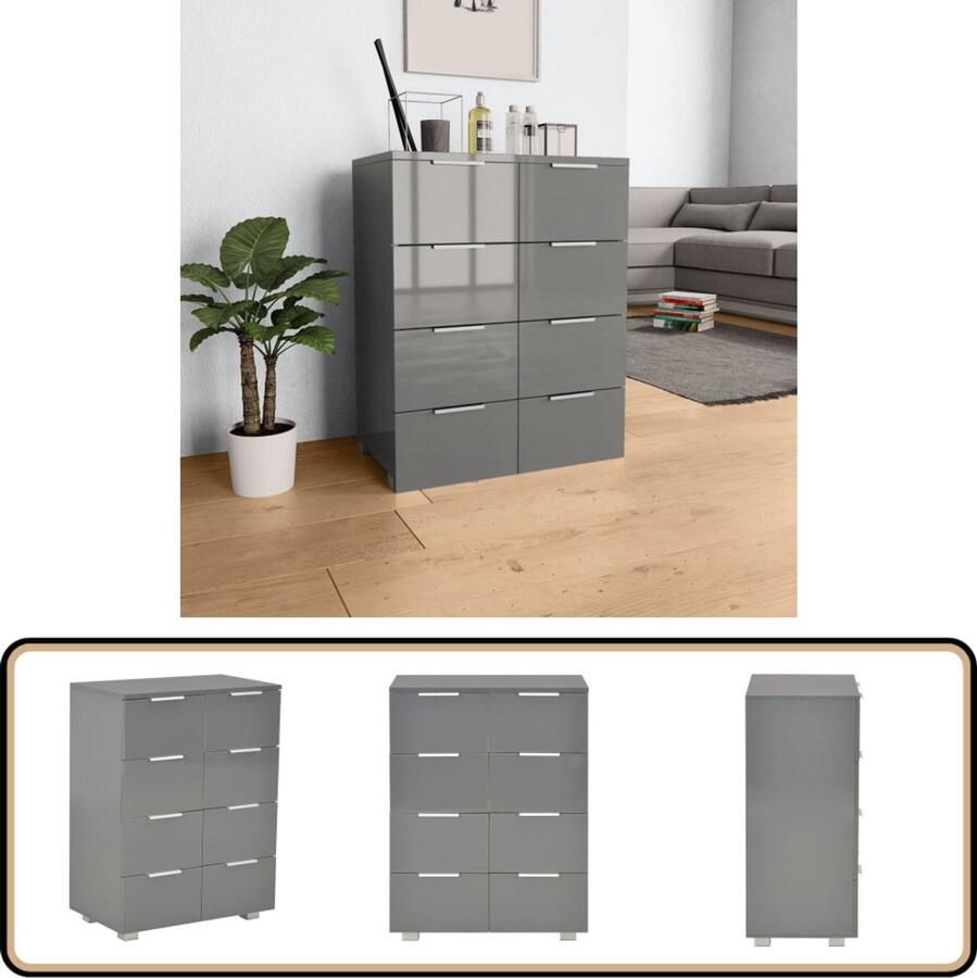 VidaXL Dressoir 8 lades hoogglans grijs 60x35x80 cm Dressoir Kast Opbergkast Salontafel Livingroom Furniture