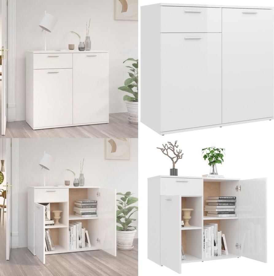 VidaXL Dressoir 80x36x75 cm bewerkt hout hoogglans wit Dressoir Dressoirs Zijkast Zijkasten