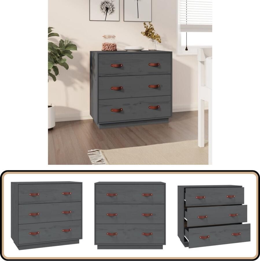 The Living Store Dressoir 80x40x75 cm massief grenenhout grijs Dressoir Houten Kast Grenoble Hout Grijze Meubels Salontafel