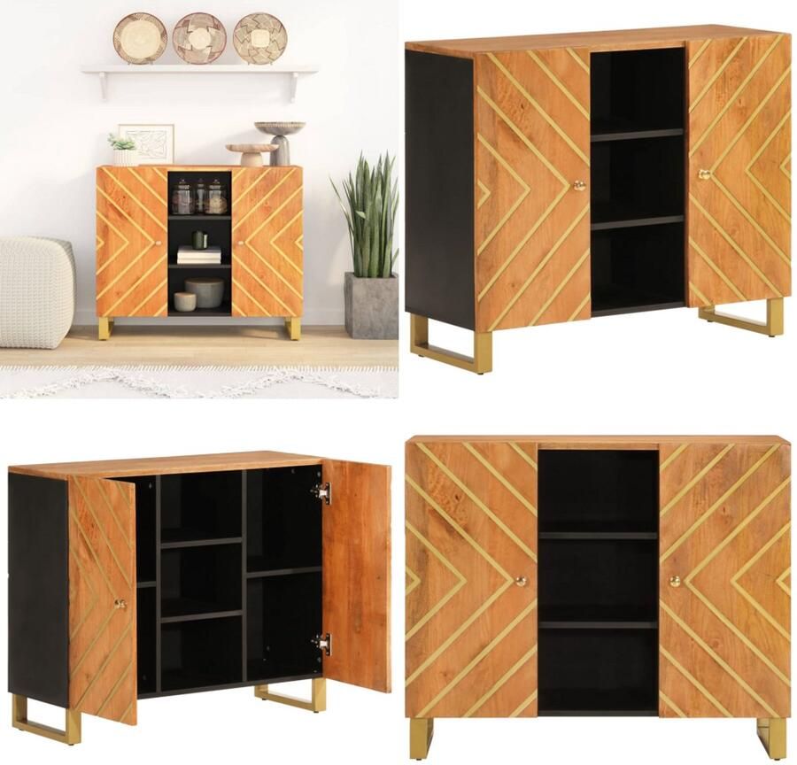 VidaXL Dressoir 90x33 5x75 cm massief mangohout bruin en zwart Dressoir Dressoirs Opbergkast Wandkast