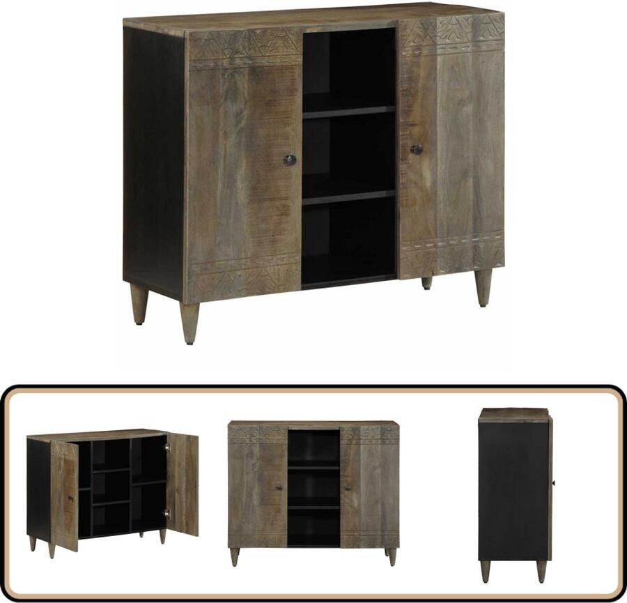 VidaXL Dressoir 90x33x75 cm Massief Mangohout Dressoir Mangohout Zwarte Meubels Opbergmeubilair Salontafel - Foto 2