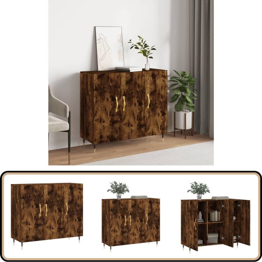 VidaXL Dressoir 90x34x80 cm Gerookt Eiken Dressoir Modern Meubel Houten Dressoir Opbergkast Woonkamermeubilair