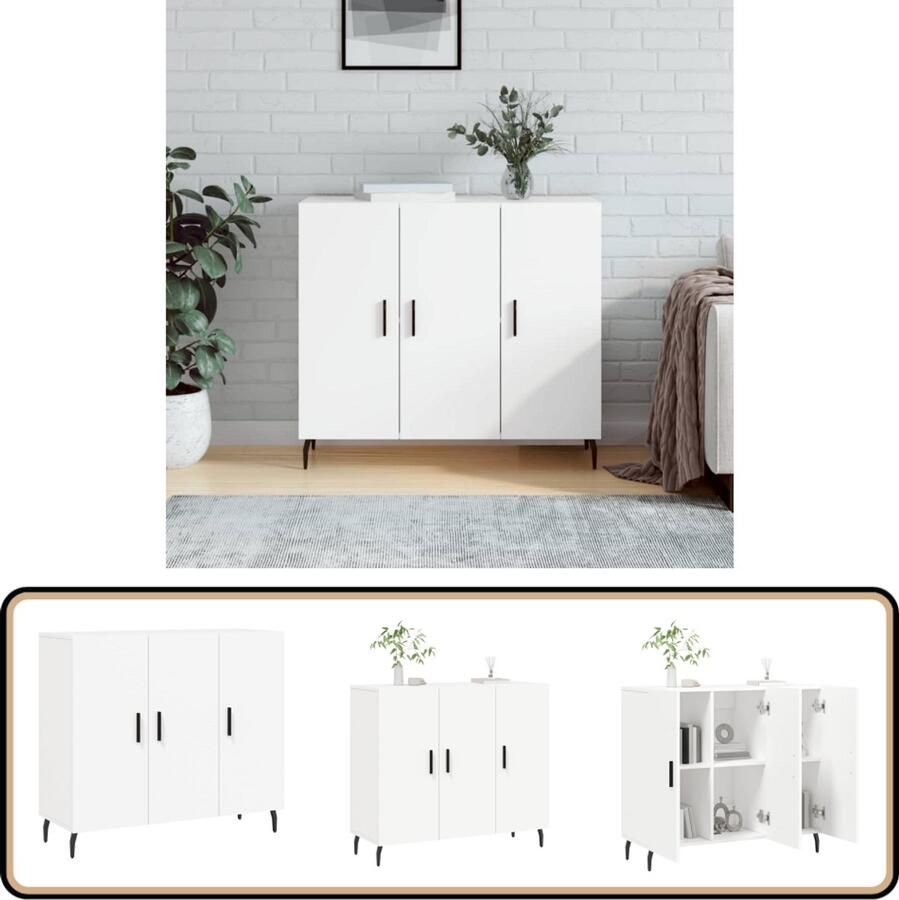 VidaXL Dressoir 90x34x80 cm Bewerkt hout Wit Dressoir Industrieel Design Houten Dressoir Witte Dressoir Opbergmeubels - Foto 4
