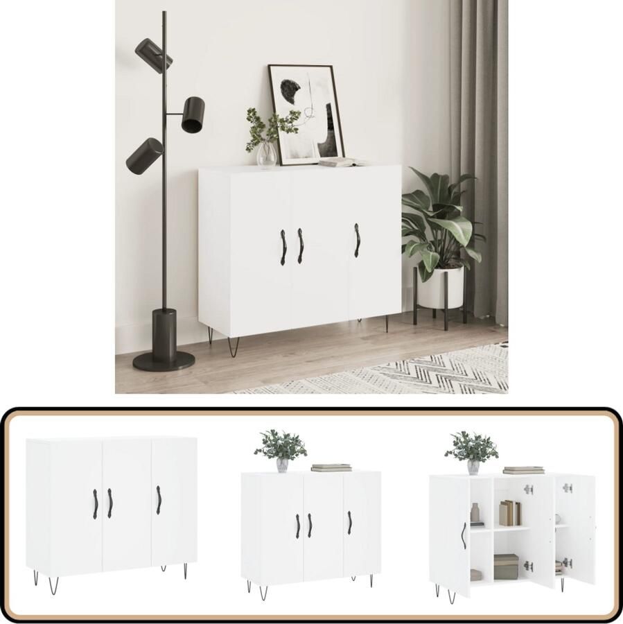 VidaXL Dressoir 90x34x80 cm Bewerkt hout Wit Dressoir Industrieel Design Houten Dressoir Witte Dressoir Opbergmeubels - Foto 3