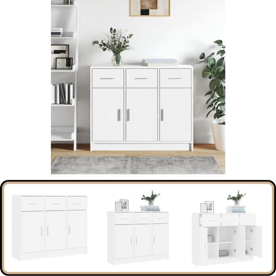 The Living Store Dressoir Opbergkast 91 x 28 x 75 cm Wit Duurzaam bewerkt hout Ruime opbergruimte Weergavefunctie Praktische deuren Montage vereist Vastmaken aan wand