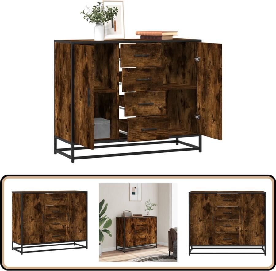 The Living Store Dressoir 92x35x76 cm bewerkt hout gerookt eikenkleurig Dressoir Kast Opbergmeubilair Houten Dressoir Industrieel Dressoir