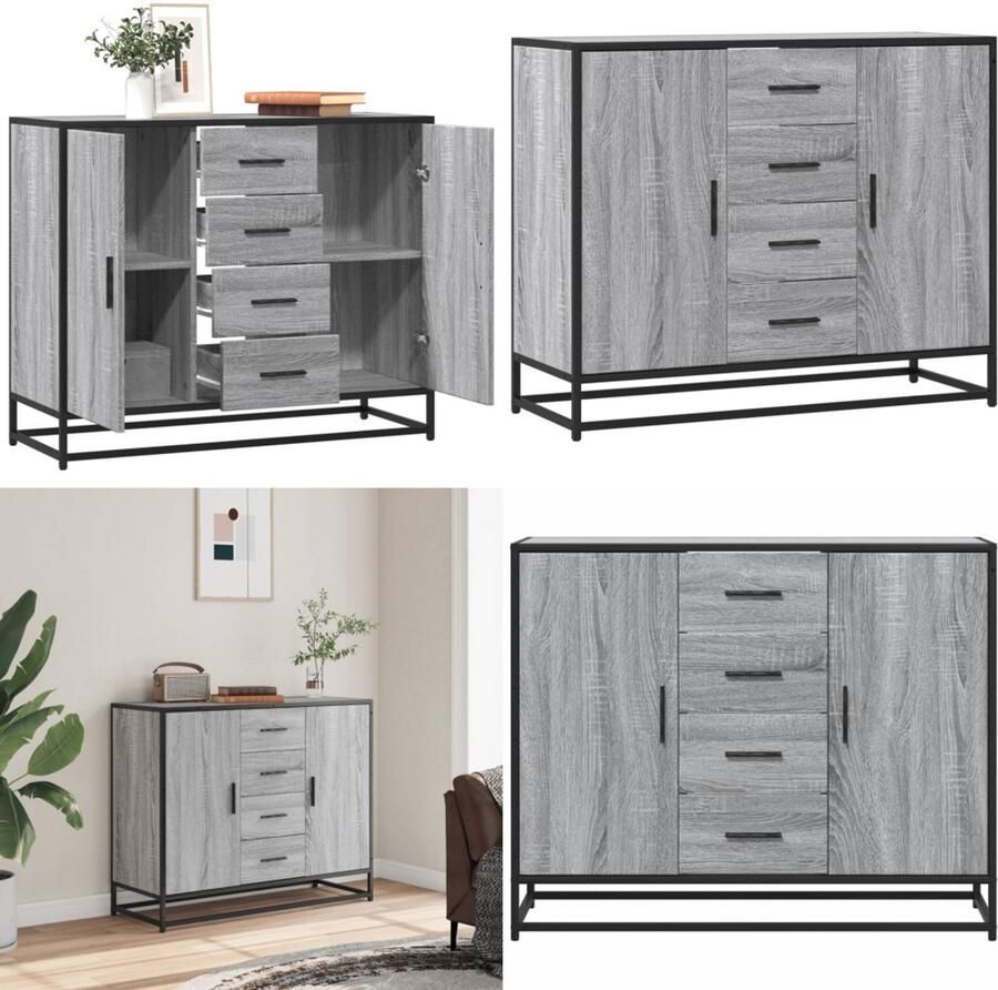 VidaXL Dressoir 92x35x76 cm bewerkt hout grijs sonoma eikenkleurig Dressoir Dressoirs Opbergkast Wandkast