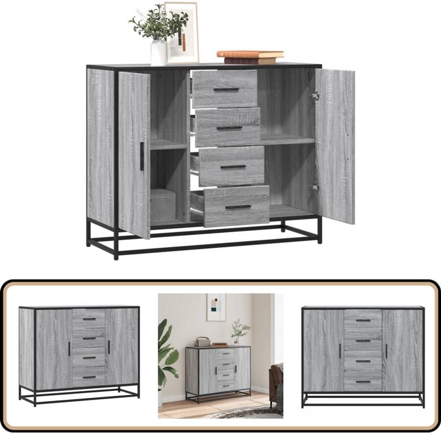 VidaXL Kast Dressoir 92x35x76 cm bewerkt hout grijs sonoma eikenkleurig Opbergruimte Grijze Kleur Houten Dressoir - Foto 2