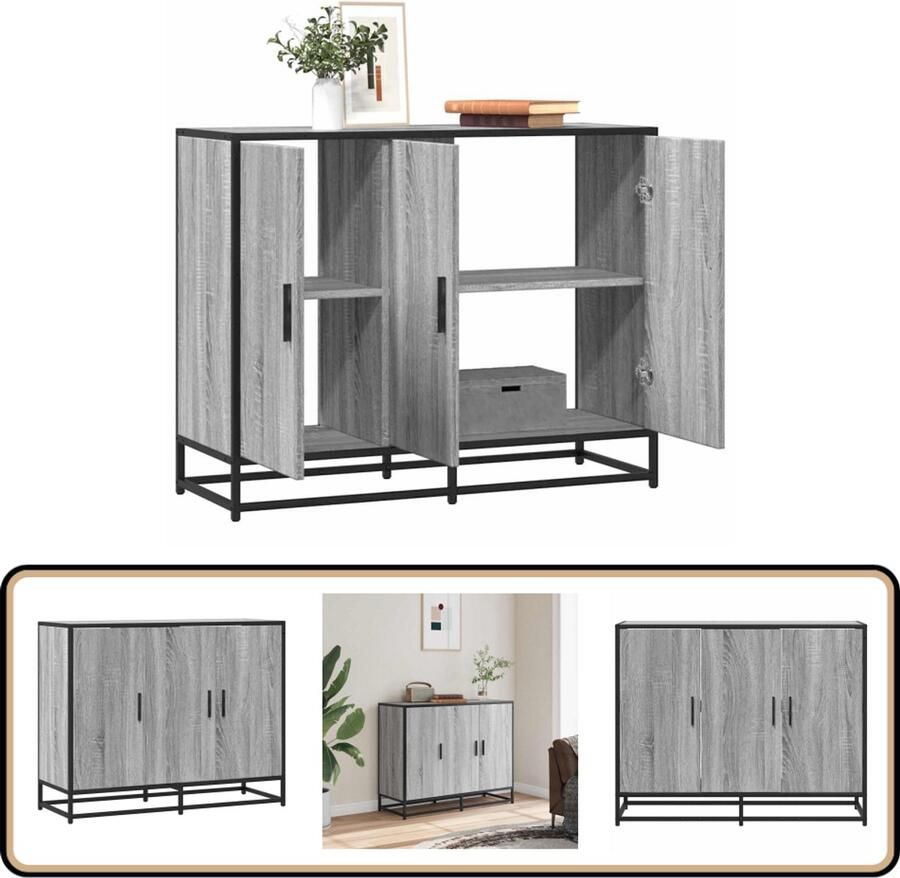 The Living Store Dressoir 94x35x76 cm bewerkt hout grijs sonoma eikenkleurig Dressoir Modern Design Industrieel Style Houten Kast Grijze Kleur
