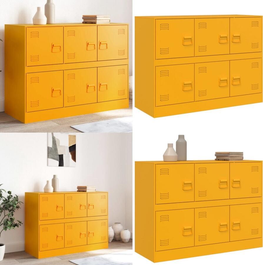 VidaXL Dressoir 99x39x73 cm staal mosterdgeel Dressoir Dressoirs Opbergkast Wandkast