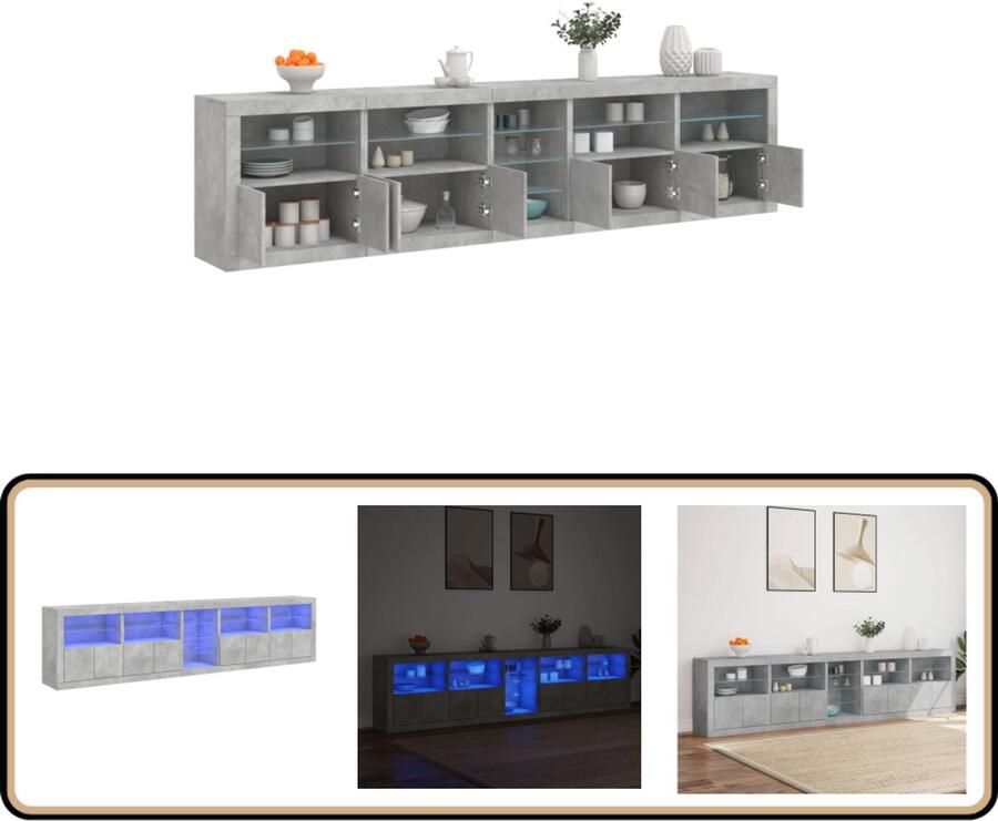 VidaXL Dressoir Betongrijs Met LED-verlichting 283x37x67 cm Modern Dressoir Led Verlichting Opberg Kast Tv Stand Salontafel