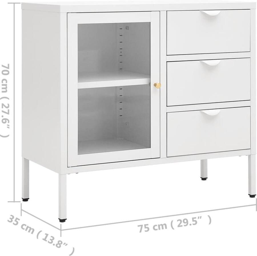 The Living Store Dressoir 75x35x70 cm staal en gehard glas wit Dressoir Vitrinekast Opbergkast Salontafel Livingroom Furniture