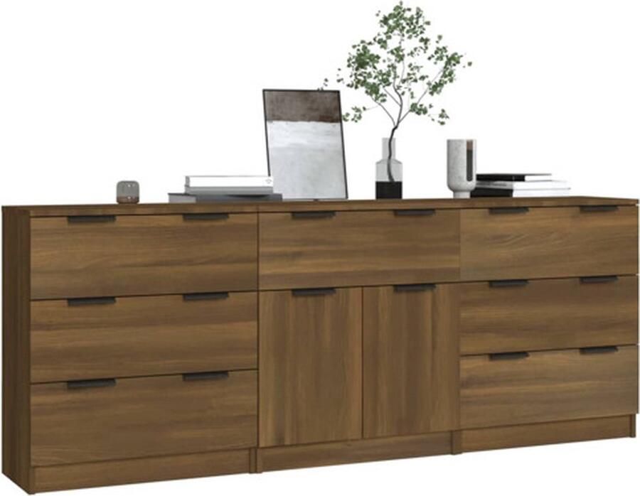 VidaXL The Living Store 3-delige Dressoirs bewerkt hout bruin eikenkleur Dressoir Bruine Eiken Houten Dressoir Opbergmeubels Woonkamer Meubilair - Foto 2