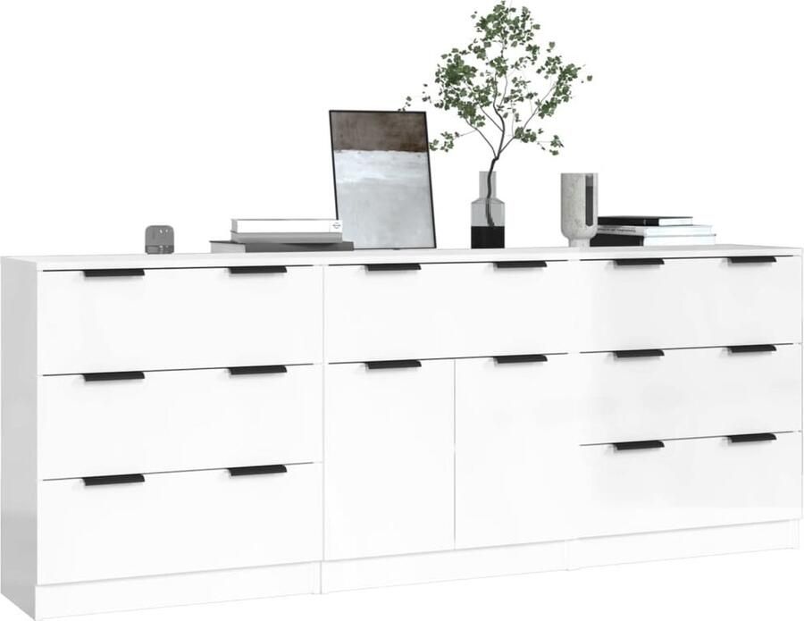 VidaXL Dressoir Dressoirs Kast Wandkast 3-delige Dressoirs bewerkt hout hoogglans wit