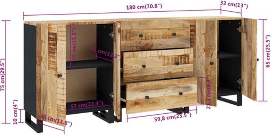 VidaXL Dressoir Dressoirs Kast Wandkast 3 st Dressoir ruw mangohout