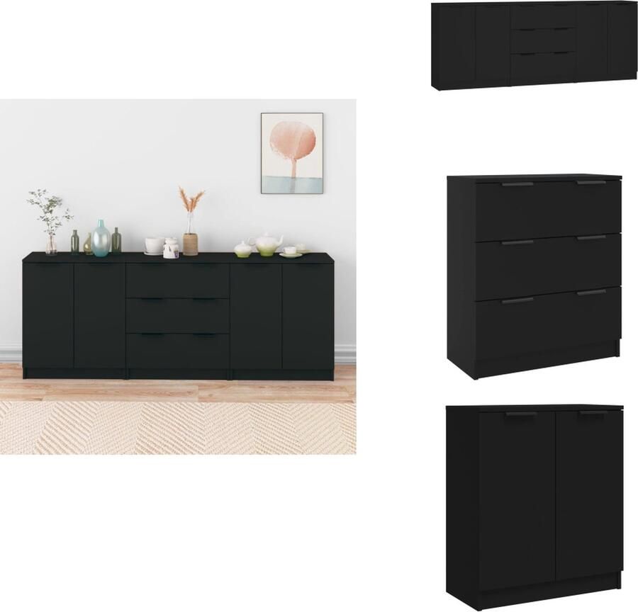 VidaXL Dressoir Dressoirs Kast Wandkast 3-delige Dressoirs bewerkt hout zwart