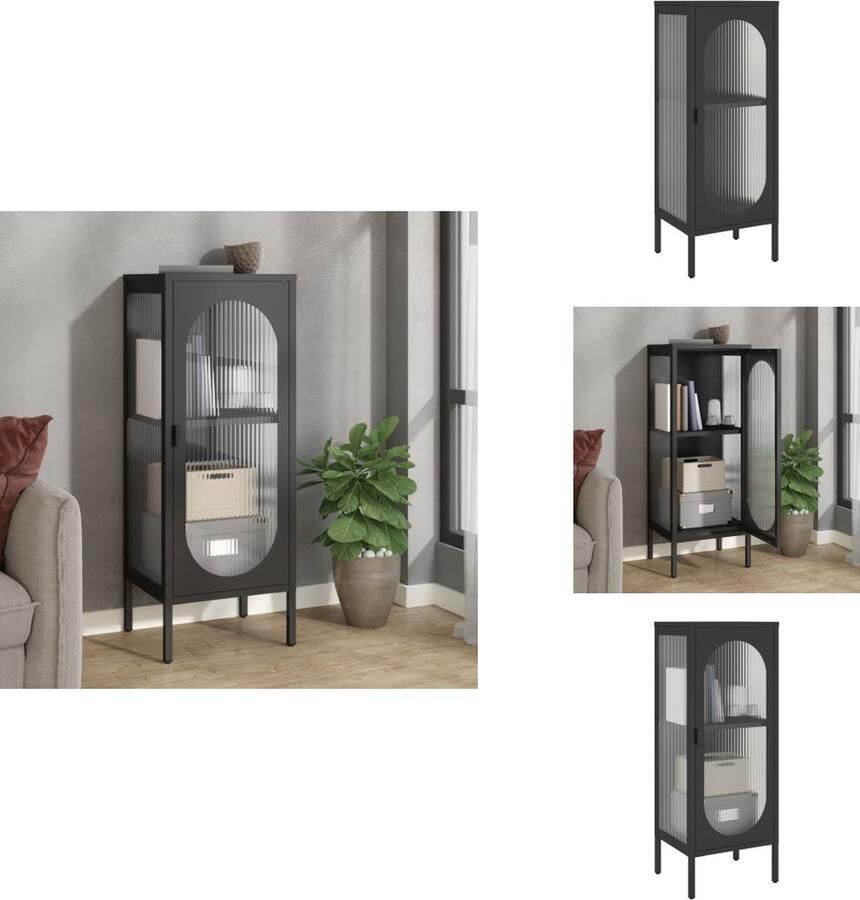 VidaXL Dressoir Klassiek Zwart 40x35x105cm Gepoedercoat Staal en Geribbeld Glas Keukenkast