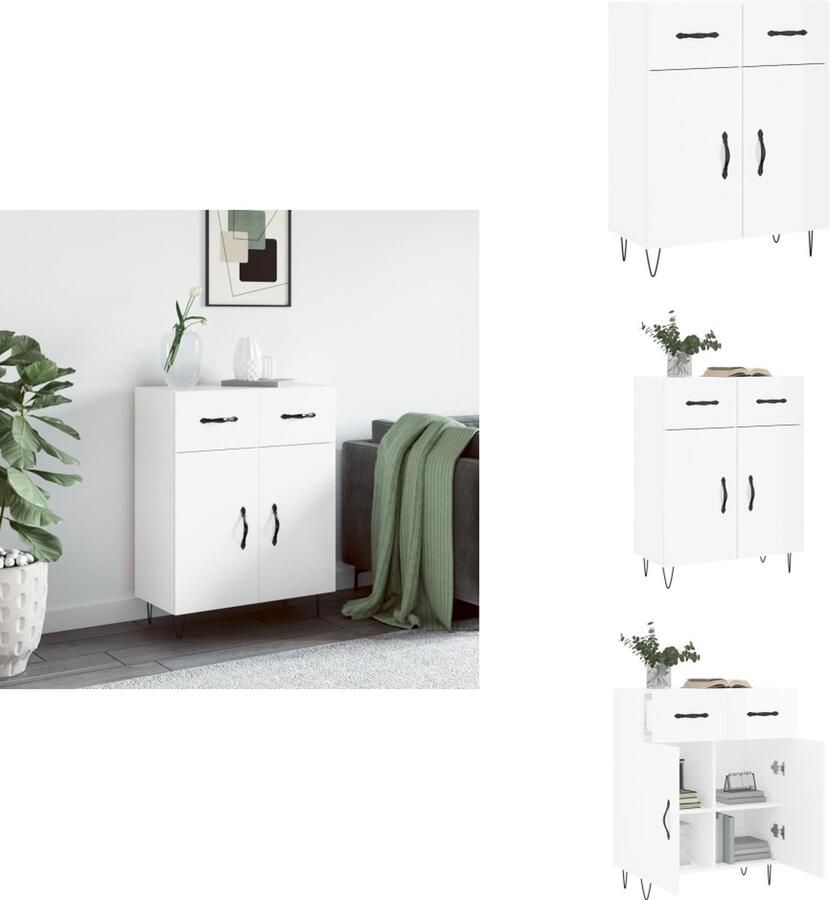 VidaXL Dressoir Klassiek Hoogglans Wit 69.5 x 34 x 90 cm Duurzaam hout Voldoende opbergruimte Weergavefunctie Metalen voeten Keukenkast - Foto 9
