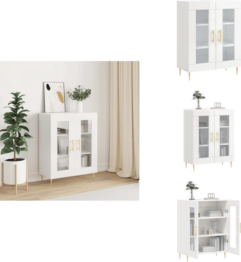 VidaXL Dressoir Klassiek Hoogglans Wit 69.5 x 34 x 90 cm Duurzaam hout Voldoende opbergruimte Weergavefunctie Metalen voeten Keukenkast - Foto 10