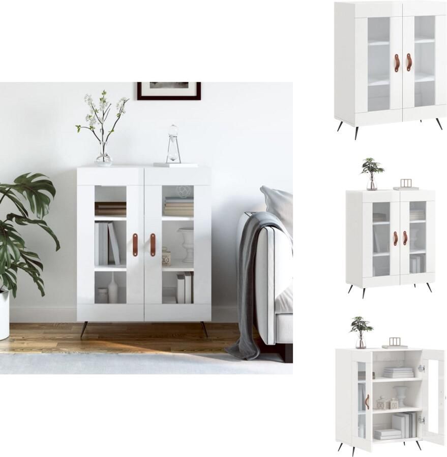 VidaXL Dressoir Klassiek Hoogglans Wit 69.5 x 34 x 90 cm Duurzaam hout Voldoende opbergruimte Weergavefunctie Metalen voeten Keukenkast - Foto 5