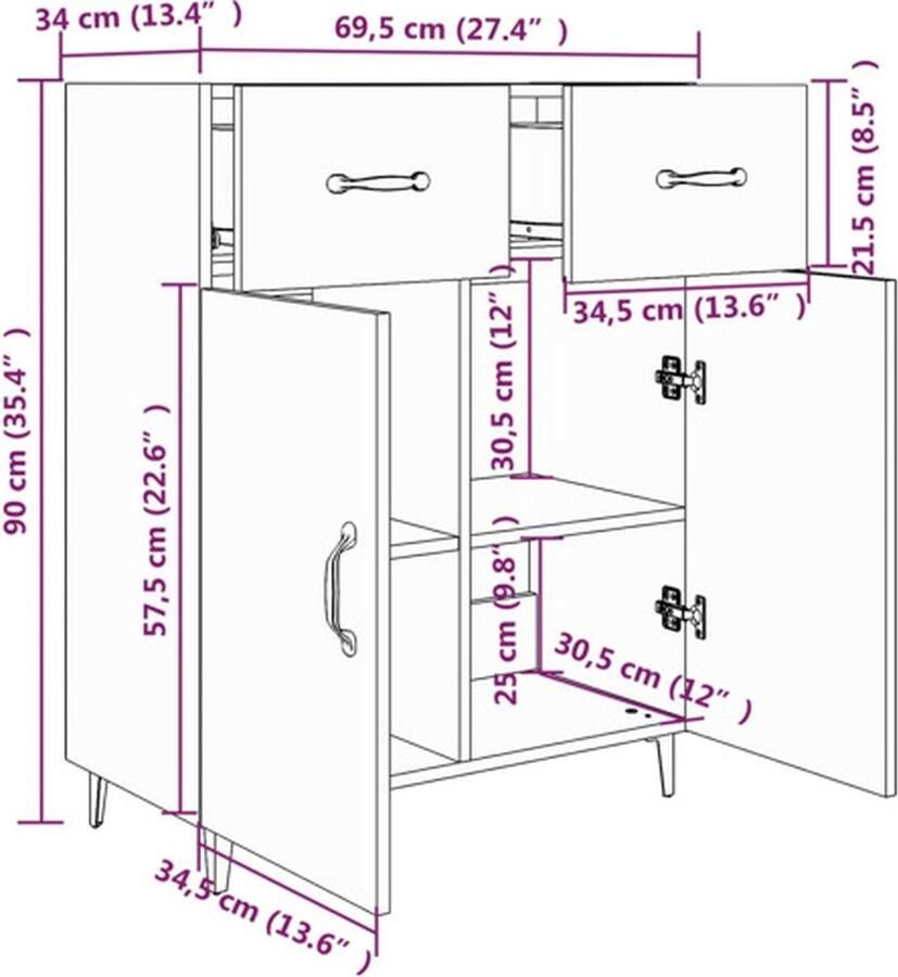 VidaXL Dressoir Dressoirs Kast Wandkast Dressoir 69-5x34x90 cm bewerkt hout bruineikenkleurig