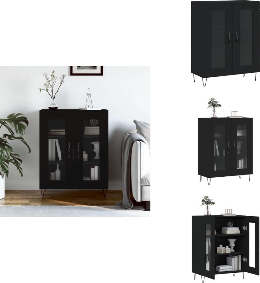 VidaXL Dressoir Zwart 69.5 x 34 x 90 cm Duurzaam bewerkt hout Voldoende opbergruimte Weergavefunctie Metalen voeten Keukenkast - Foto 4