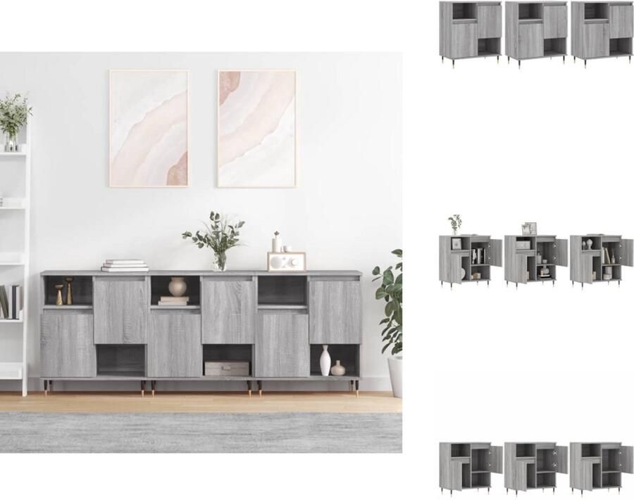 The Living Store Dressoirs 3 st bewerkt hout grijs sonoma eikenkleurig Dressoir Houten Dressoir Grijze Dressoir Salontafel Tv Tafel - Foto 4