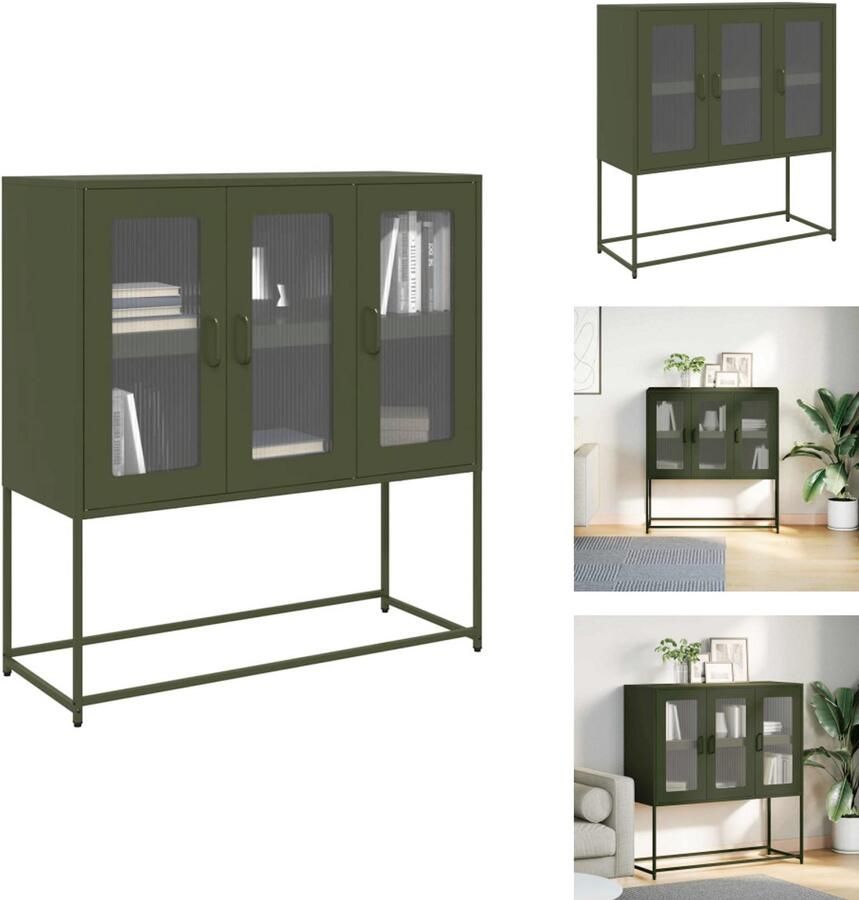 The Living Store Dressoir 100 5x39x107 cm koudgewalst staal olijfgroen Dressoir Opbergkast Keukenmeubilair Salontafel Entreebank