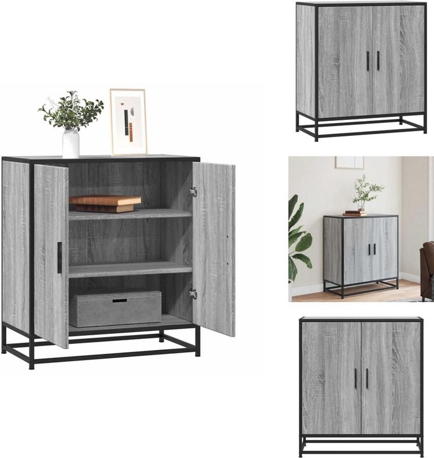 The Living Store Dressoir 68x35x76 cm bewerkt hout en metaal grijs sonoma Dressoir Keukenkast Opbergkast Industrieel Design Houten Dressoir