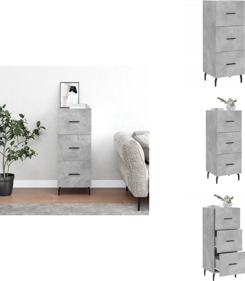 VidaXL Dressoir Betongrijs Bijzetkast (34.5 x 34 x 90 cm) Met 3 lades Stevig blad Metalen poten Keukenkast - Foto 6