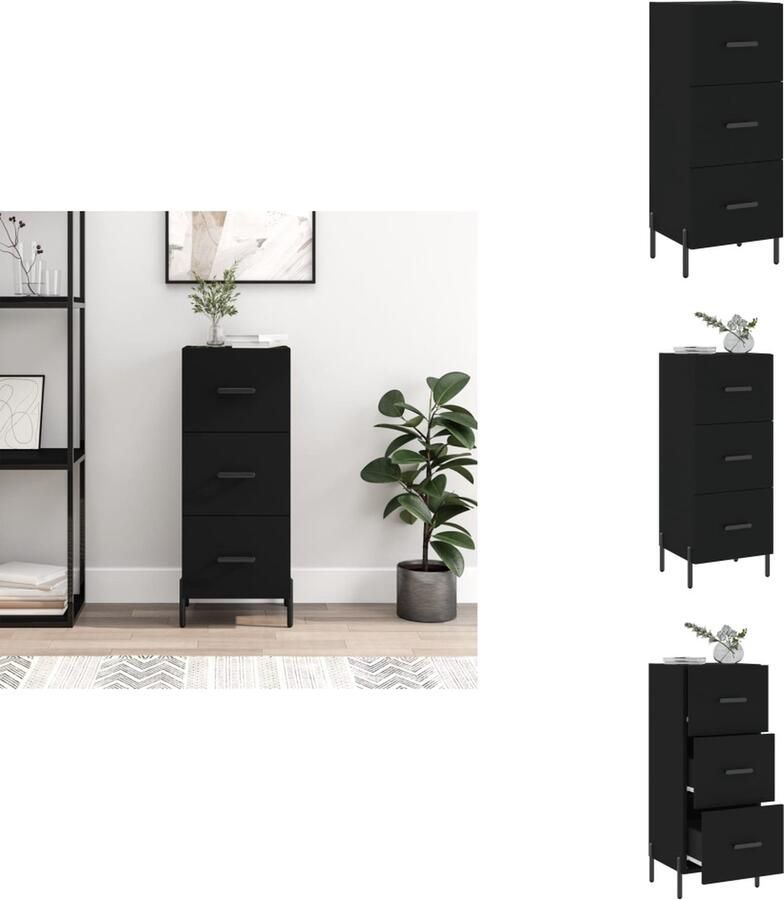VidaXL Dressoir Moderne uitstraling Duurzaam hout Metalen poten 3 lades Stevig blad Zwart 34.5 x 34 x 90 cm Montage vereist Keukenkast