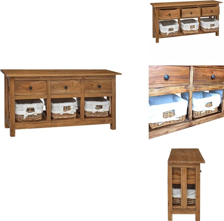 VidaXL Houten Dressoir 100 x 30 x 50 cm 3 lades en 3 verwijderbare manden Handgemaakt Keukenkast