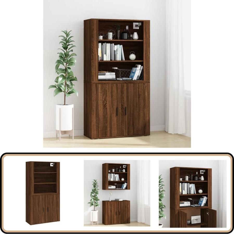 VidaXL Dressoir en Opzetkast Bruineik Hout Hoge Kast Buffetkast Wandmontage Houten Kast Bruine Eiken - Foto 2