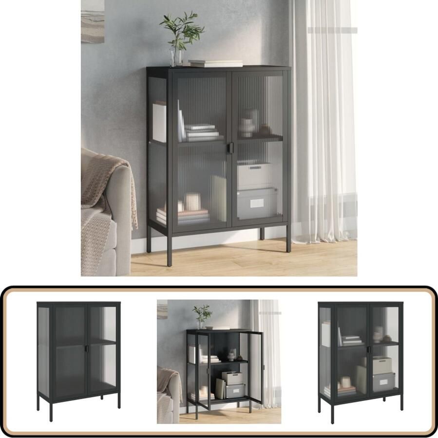 VidaXL Dressoir Glas en Staal Zwart 75x35x105 cm Dressoir Kasten Salontafel Zwarte Kast Modern Dressoir - Foto 2